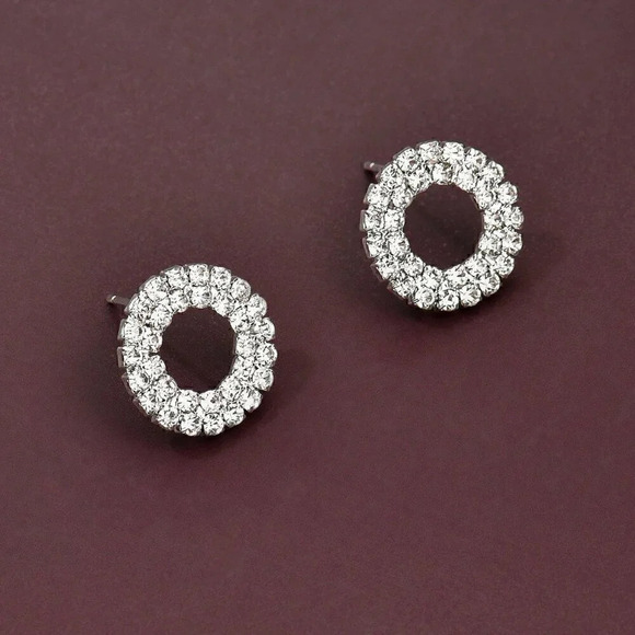 Silver Women's Elegant Geometric Round Rhinestone Stud Earrings - Picture 3 of 4